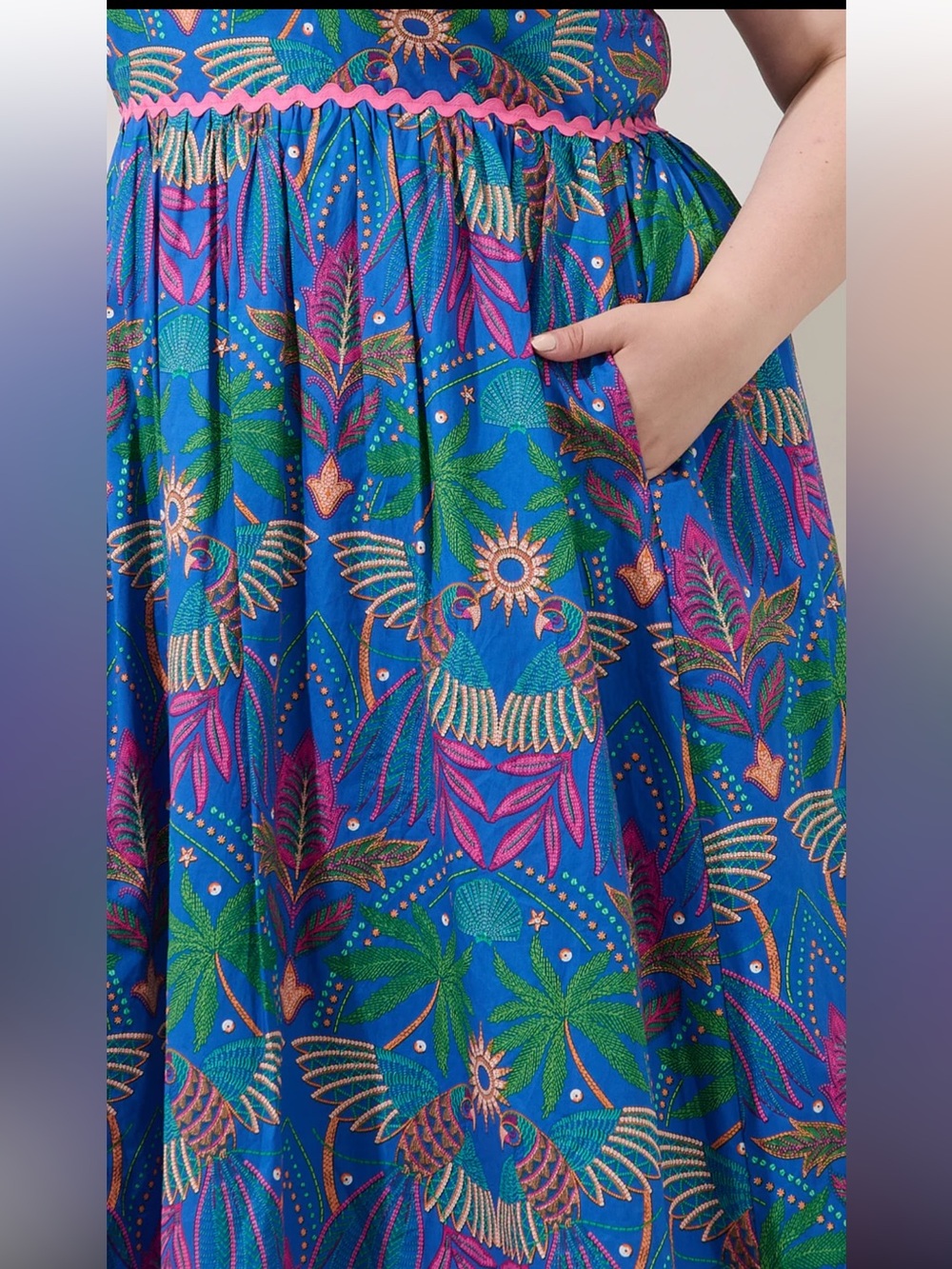 Sugarlips Blue Green Floral Midi Dress with Pink Trim - Picture 5 of 9